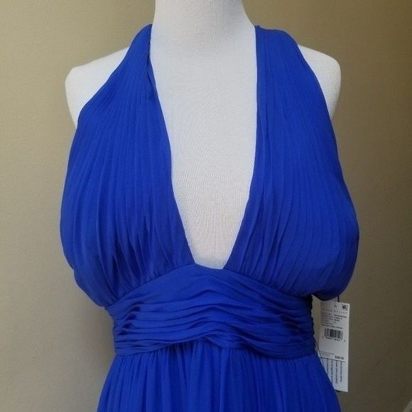 Aidan Mattox Deep Sky Blue Pleated Silk Chiffon Halter-Neck Gown Colbalt - Picture 7 of 15